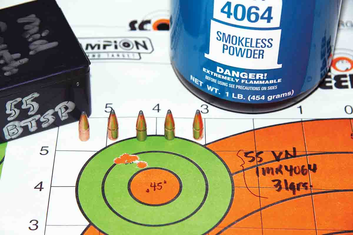 Patrick’s choice for varmint shooting with the Falling Block Works .225 Winchester would be Midsouth Shooters Supply’s 55-grain Varmint Nightmare BTSP pushed to 3,415 fps with 31 grains of IMR-4064.